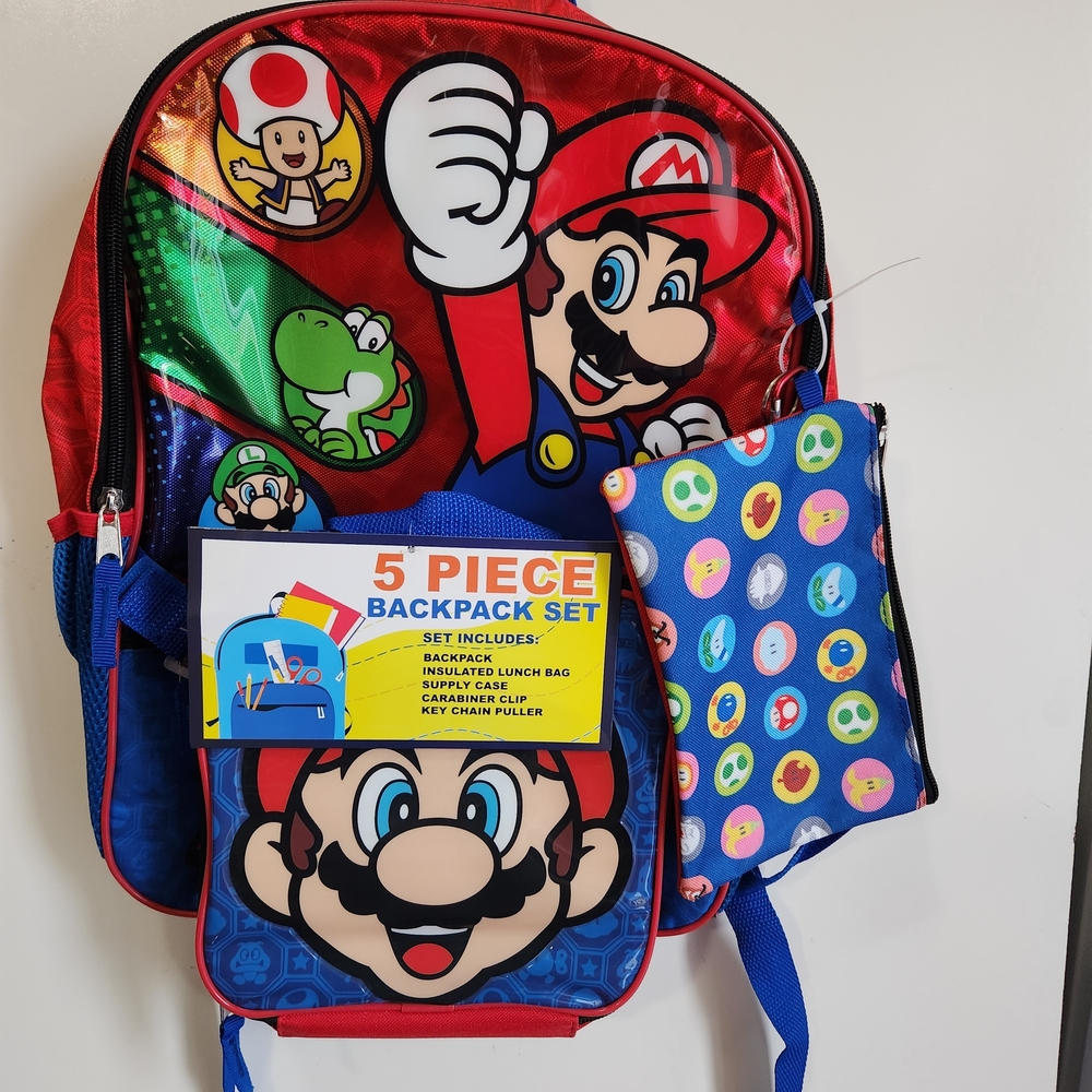 Nintendo Super Mario Kids 5 Piece Backpack Set Red and Blue